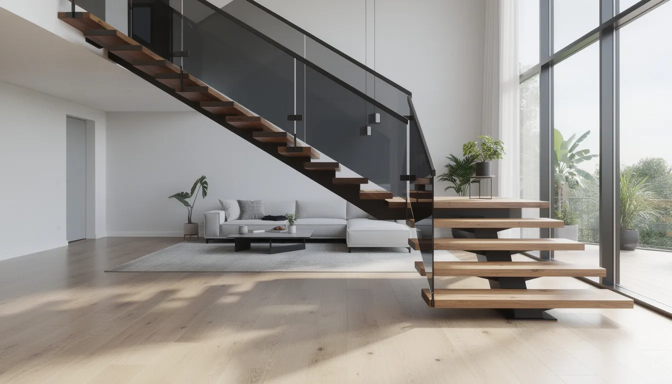 Nowoczesne schody modułowe w przestronnym salonie, wykonane z drewna, harmonijnie łączą się z dużymi oknami i drewnianą podłogą. Minimalistyczna forma schodów oraz ich funkcjonalność dodają estetyki wnętrzu, zapewniając jednocześnie bezpieczeństwo użytkowania.