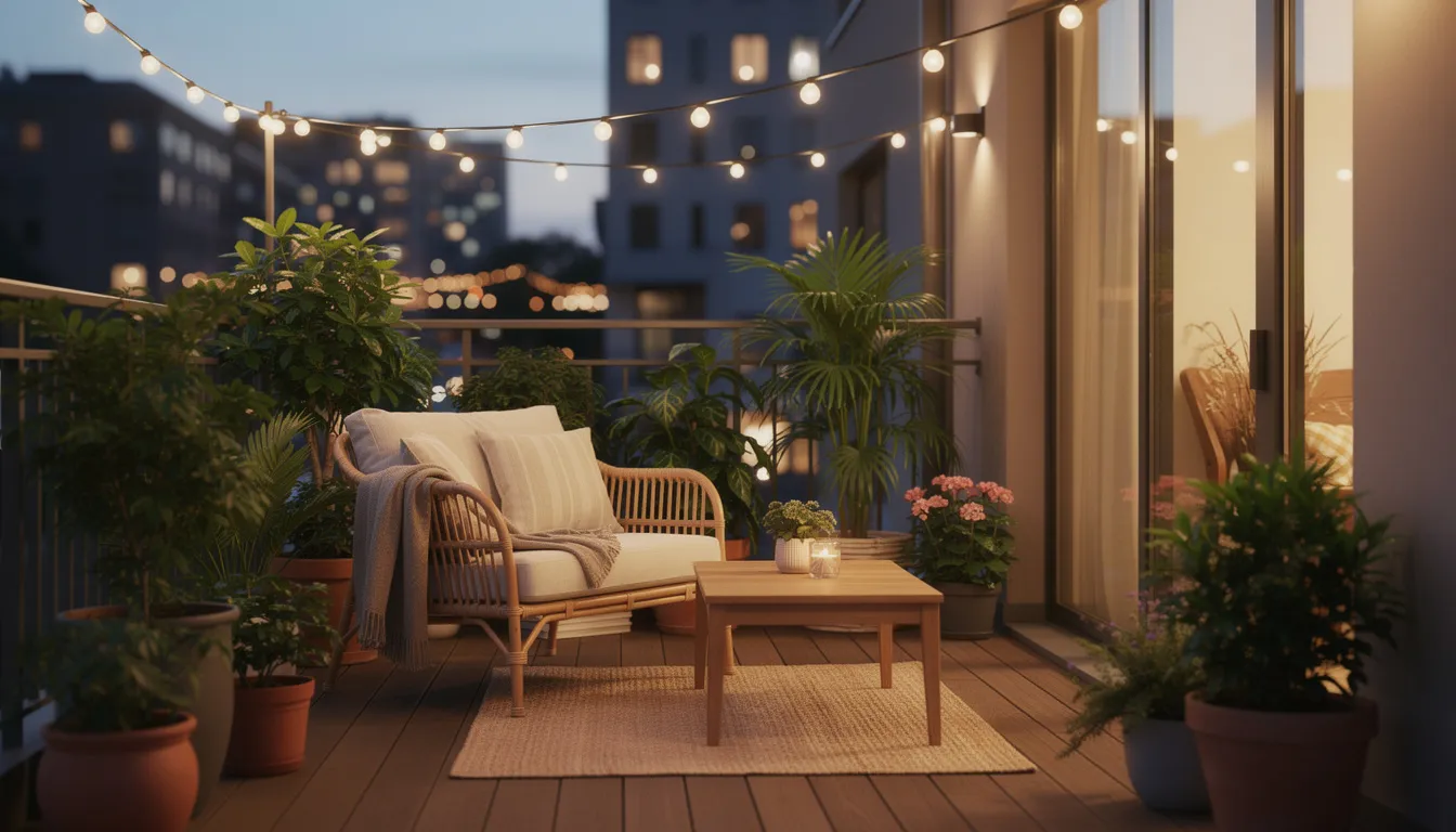 Na małym miejskim balkonie znajdują się wygodne meble, rośliny oraz dekoracyjne lampki, które tworzą przytulną przestrzeń. Aranżacja wnętrz jest nowoczesna i funkcjonalna, idealna do relaksu w miejskim otoczeniu.