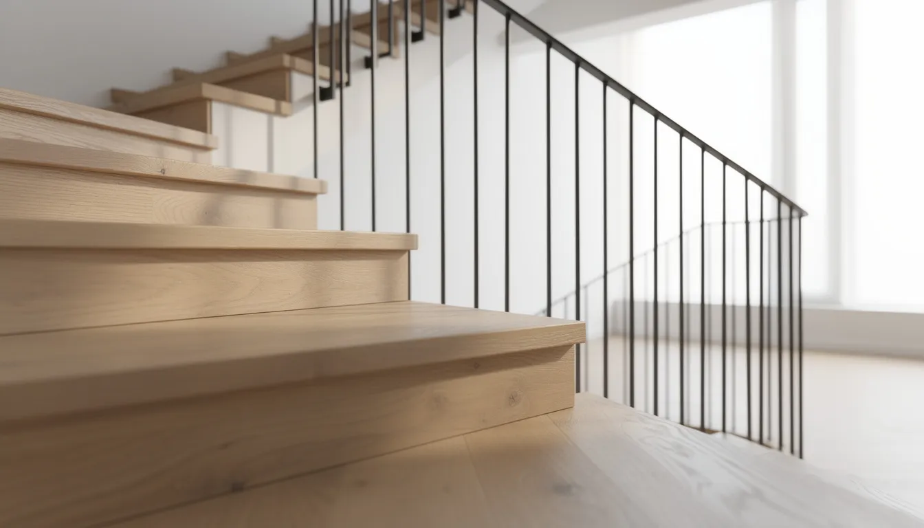 Na zdjęciu widoczne są drewniane stopnie schodów z metalową balustradą, umieszczone w jasnym wnętrzu. Schody charakteryzują się minimalistyczną formą i funkcjonalnością, idealnie wpisując się w estetykę nowoczesnych pomieszczeń.