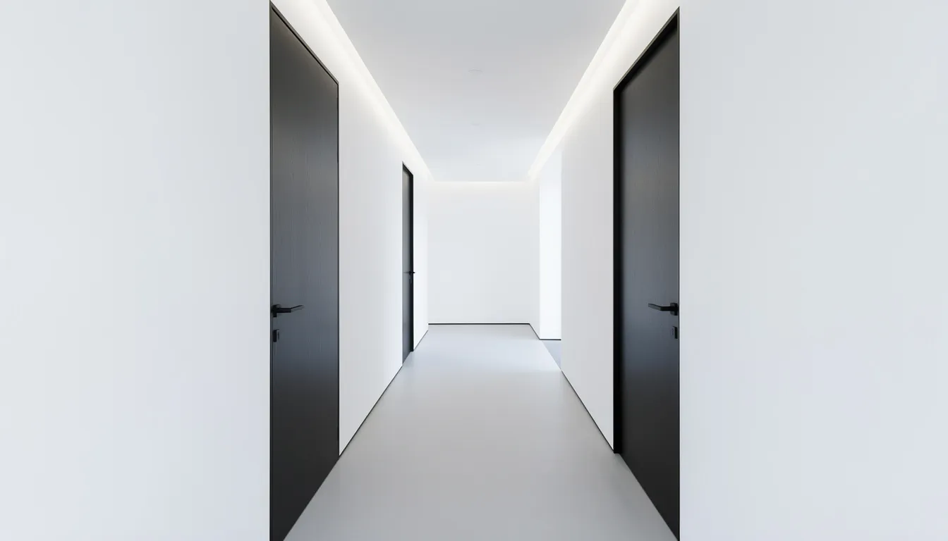 Na zdjęciu znajdują się minimalistyczne czarne drzwi bezprzylgowe, umieszczone w nowoczesnym białym korytarzu. Drzwi te doskonale wpisują się w styl wnętrza, podkreślając elegancję przestrzeni.