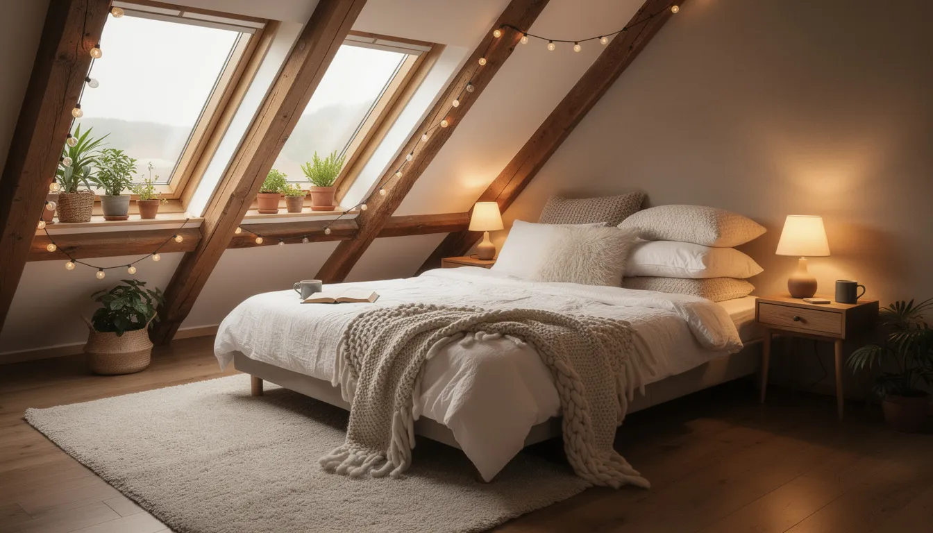 Na obrazku znajduje się przytulna sypialnia na poddaszu z ukośnym sufitem oraz oknami dachowymi, które wpuszczają naturalne światło. Wnętrze charakteryzuje się minimalistycznym wystrojem i funkcjonalnymi meblami, tworzącym przestrzeń sprzyjającą relaksowi.