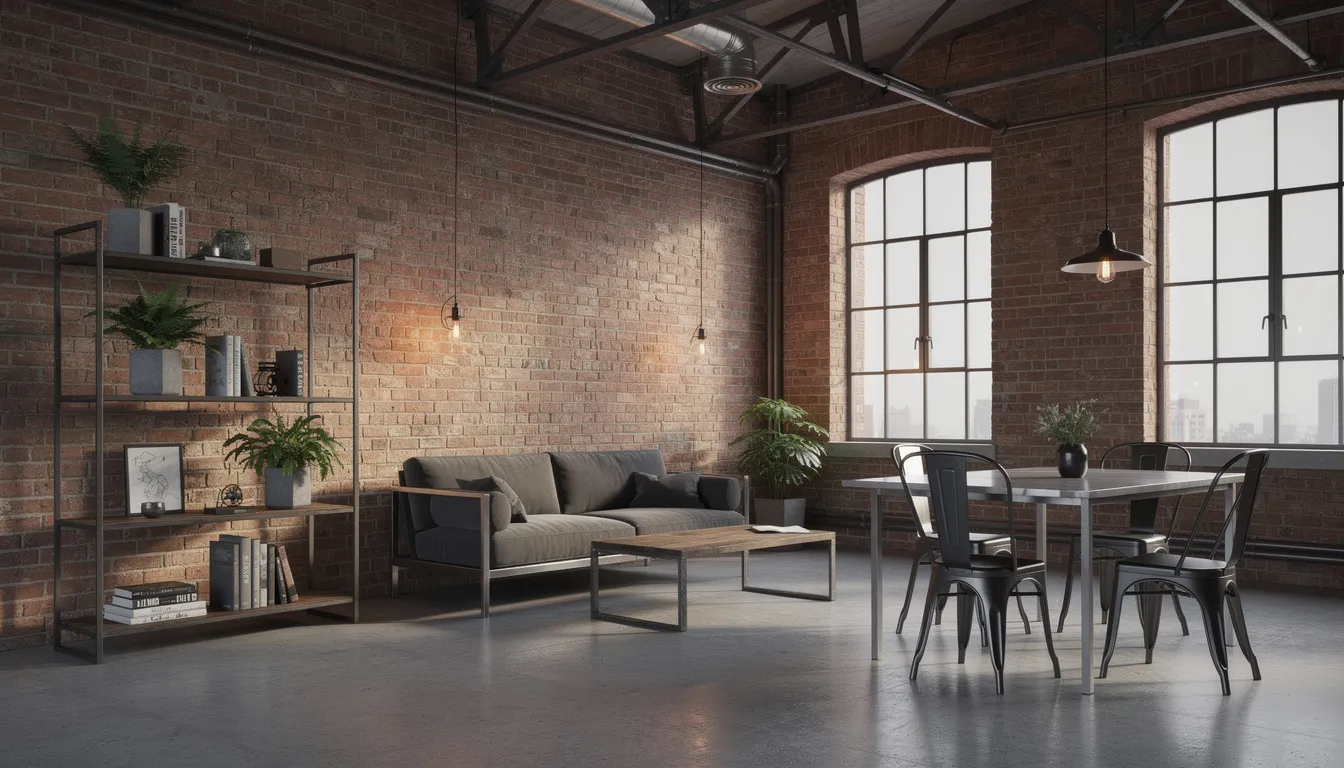 Wnętrze loftowego mieszkania w stylu industrialnym, z odsłoniętą ceglaną ścianą i metalowymi meblami, które tworzą nowoczesną aranżację. Przestrzeń charakteryzuje się minimalistycznym wykończeniem oraz praktycznymi rozwiązaniami, idealnymi dla osób ceniących estetykę i funkcjonalność.