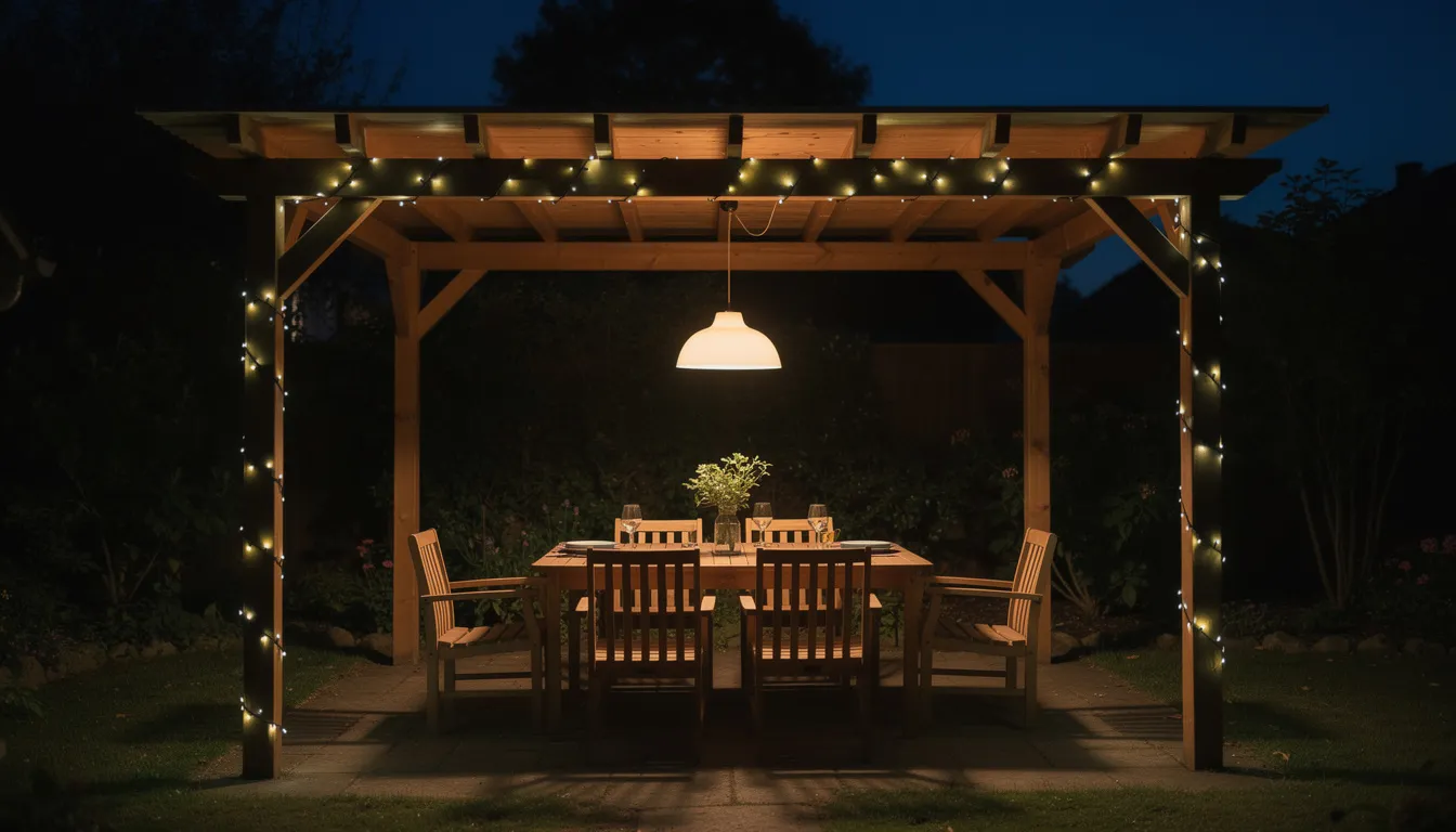 Altana ogrodowa wieczorem, oświetlona ciepłym światłem lampy wiszącej nad stołem oraz girlandą świetlną LED wzdłuż belek, tworzy przytulną atmosferę idealną do spędzania czasu na świeżym powietrzu. Oświetlenie zewnętrzne nadaje przestrzeni nowoczesny charakter, podkreślając detale architektoniczne altany.