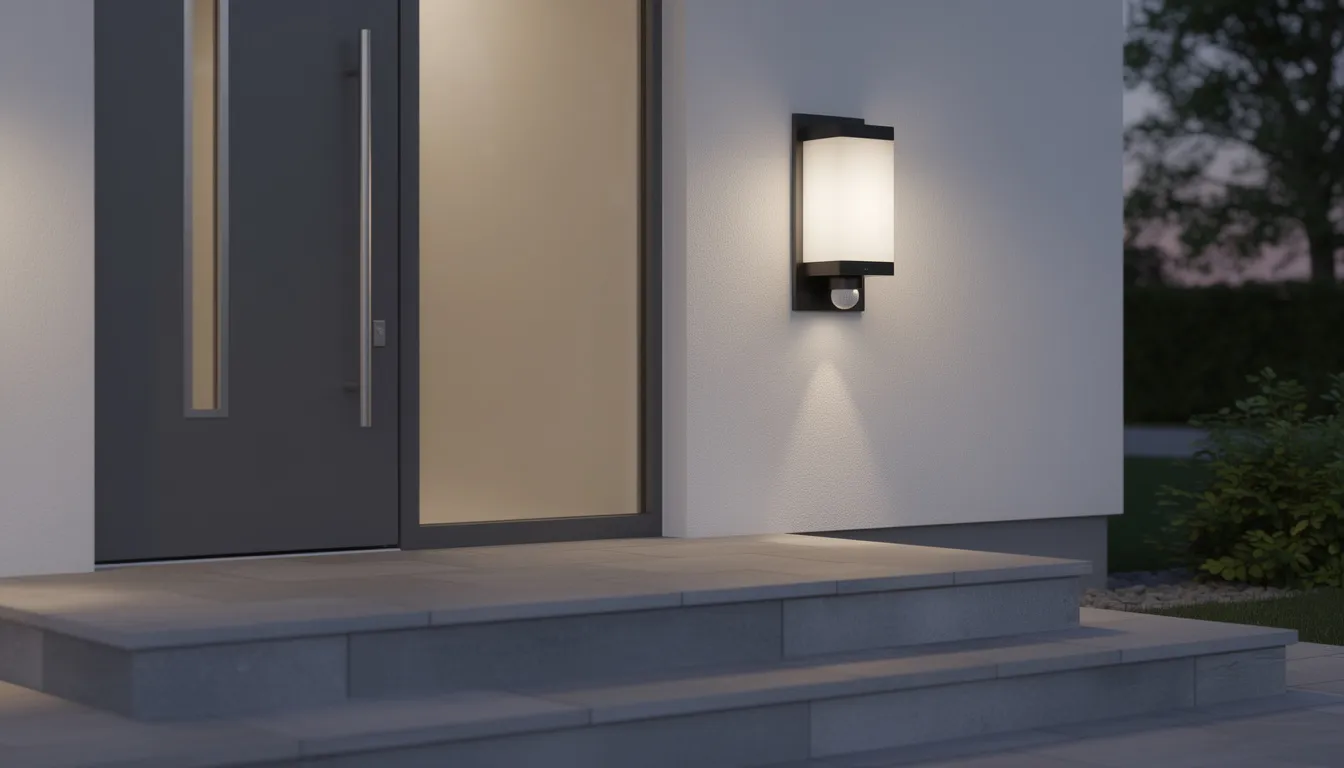 Nowoczesny kinkiet zewnętrzny z czujnikiem ruchu zamontowany przy drzwiach wejściowych domu emituje ciepłe światło, które zapewnia bezpieczeństwo i ułatwia poruszanie się w nocy. Oświetlenie zewnętrzne, jak to, tworzy niepowtarzalną atmosferę, idealnie rozświetlając wejście do domu.