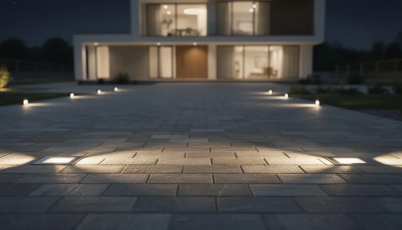 Na podjeździe do domu widoczne są wbudowane oprawy najazdowe, które emitują światło w dwóch kierunkach, oświetlając nawierzchnię z kostki brukowej. Oświetlenie zewnętrzne tworzy przyjemną atmosferę, ułatwiając poruszanie się po tym ciągu komunikacyjnym.