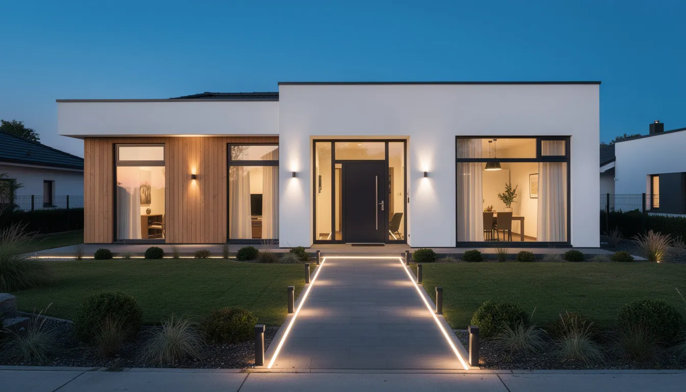 Na zdjęciu widoczny jest nowoczesny dom jednorodzinny o zmierzchu, z eleganckim oświetleniem zewnętrznym, w tym kinkietami przy drzwiach oraz podświetloną ścieżką, co tworzy przyjemną atmosferę. Oświetlenie zewnętrzne domu podkreśla architekturę budynku i zapewnia bezpieczeństwo na terenie posesji.